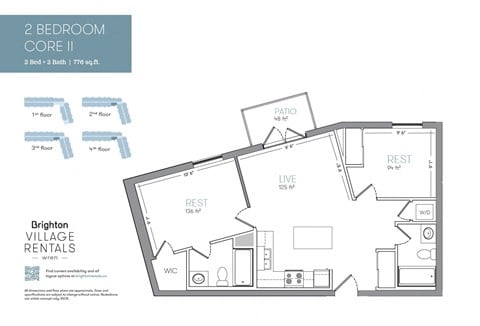 Floor plan for 2 beds, 2 baths, 776 sqft